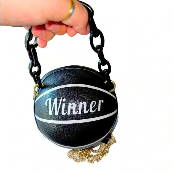 Handbags - Basketball shaped circle crossbody bag gold chain black handle winner handbag